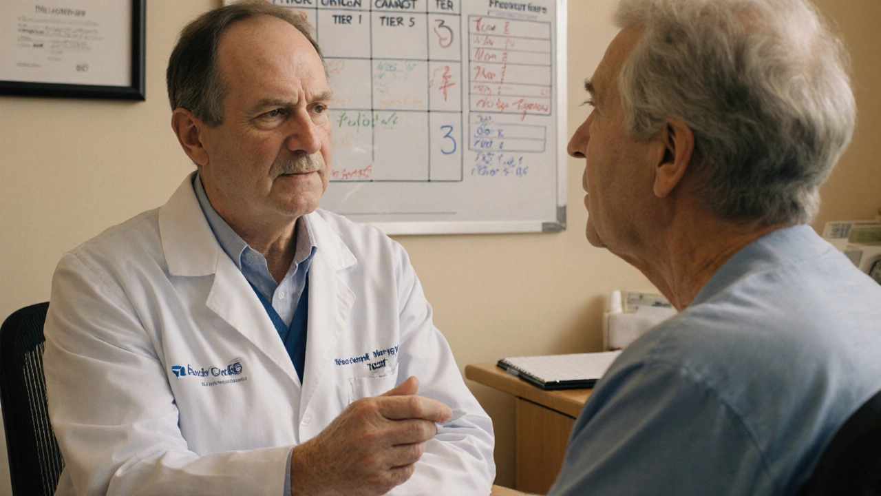 A doctor and patient discussing medication tiers in a warm, cozy clinic office.