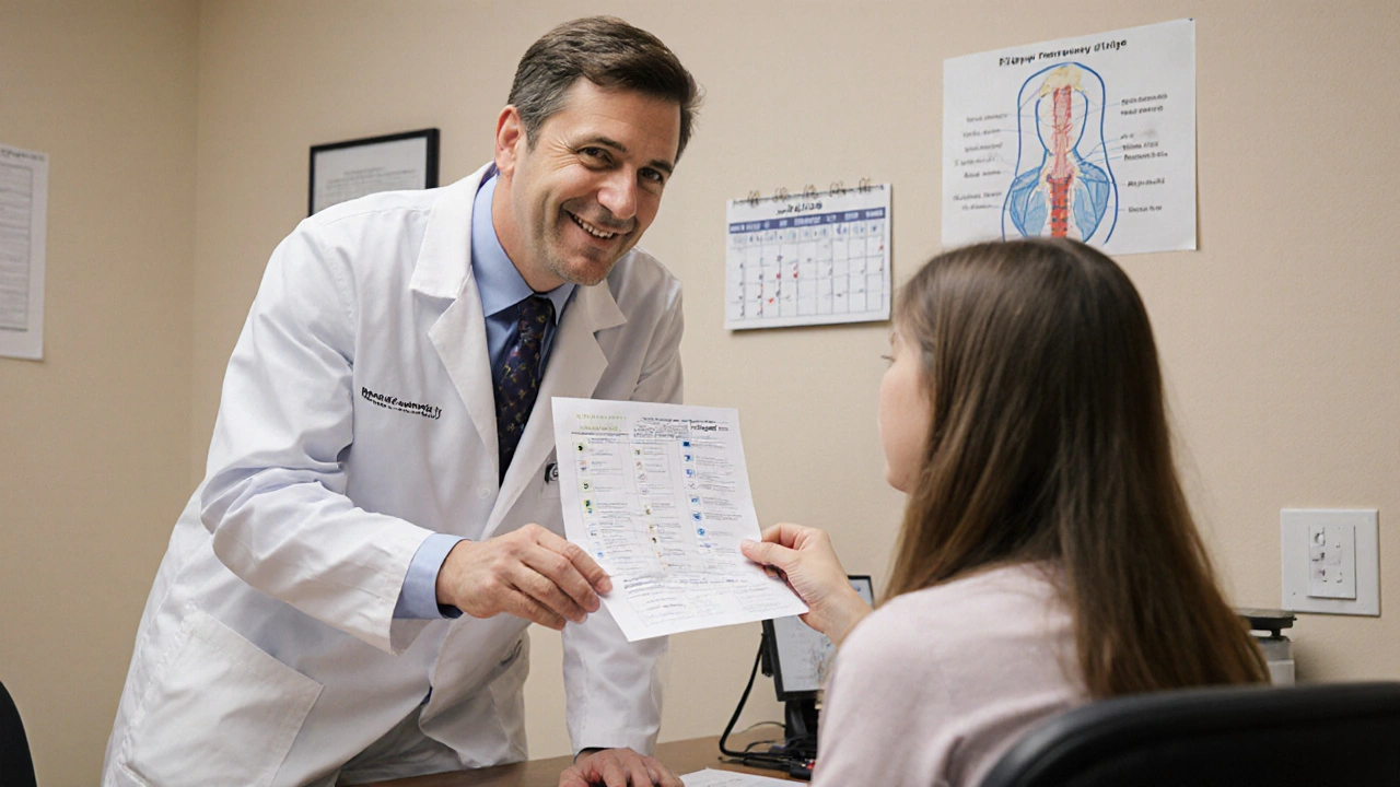 A doctor explaining carbimazole dosage adjustments to a patient using a blood test report in a clinic.