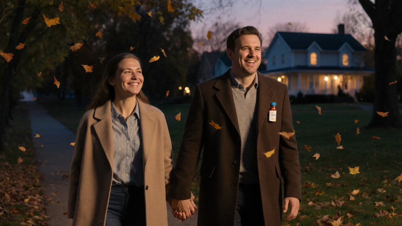 A man walks hand-in-hand with his partner in a quiet park at dusk, smiling.