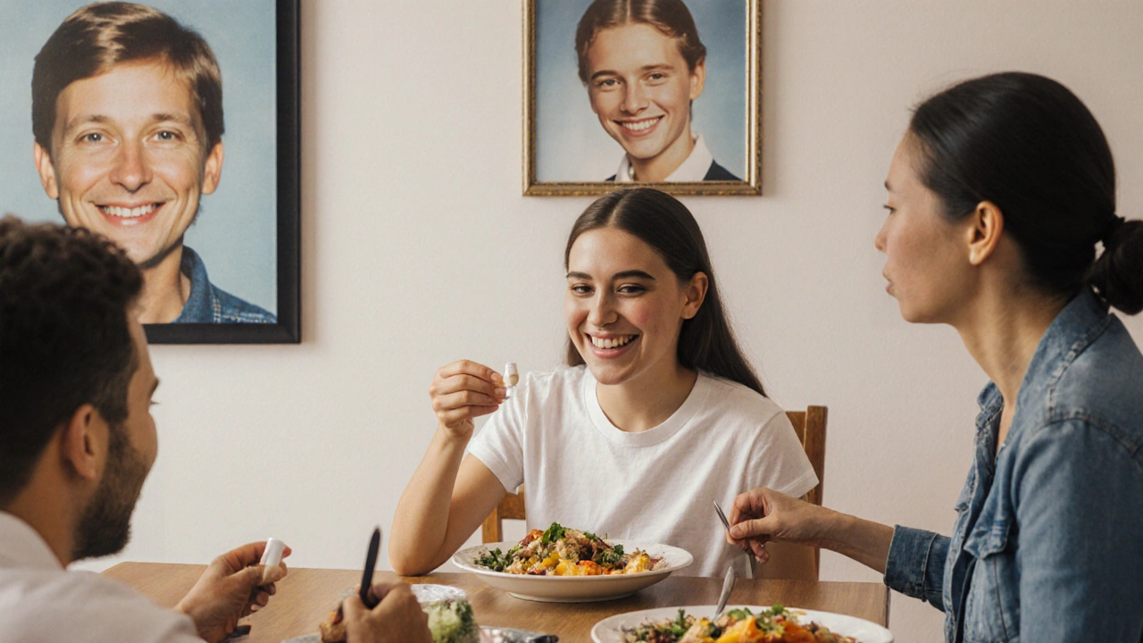 A teenager taking her low-dose carbimazole pill at the dinner table with her smiling mother.