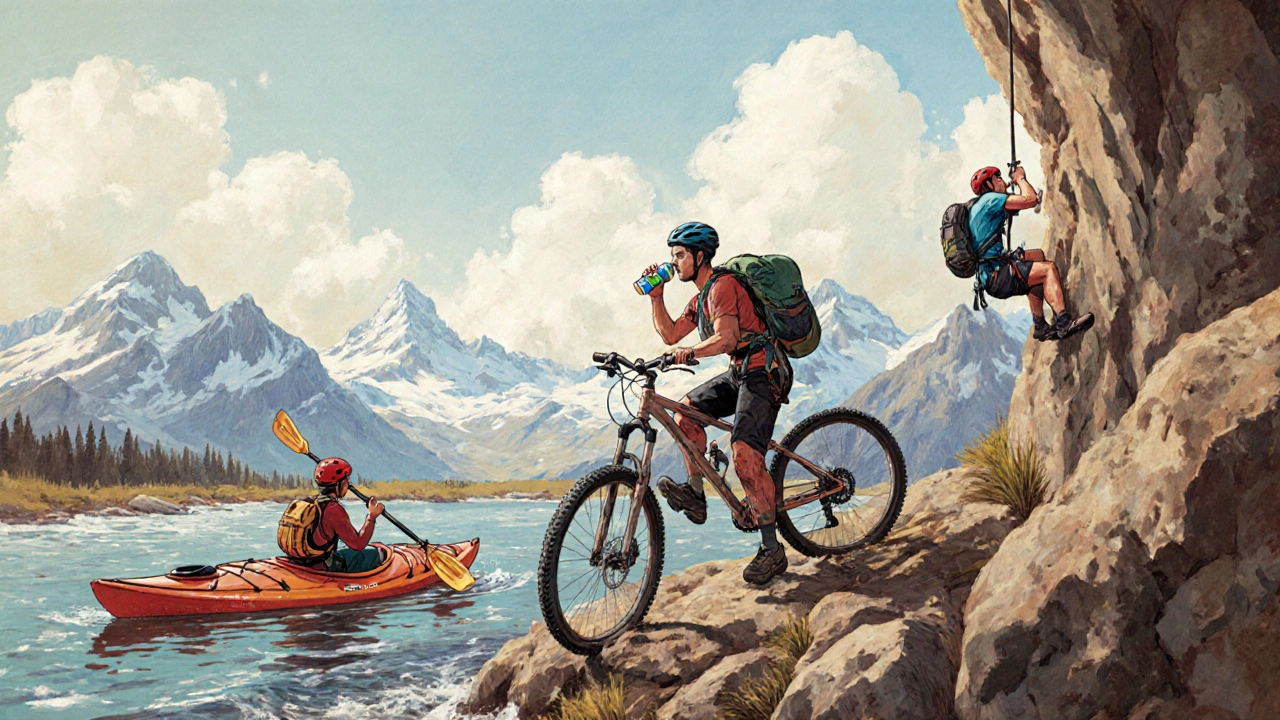 Adventure climber taking a break, sipping electrolyte drink, adjusting breathable harness on a cliff.