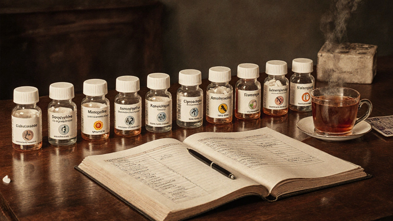 Array of antibiotic bottles with price tags and side‑effect icons on a wooden desk.