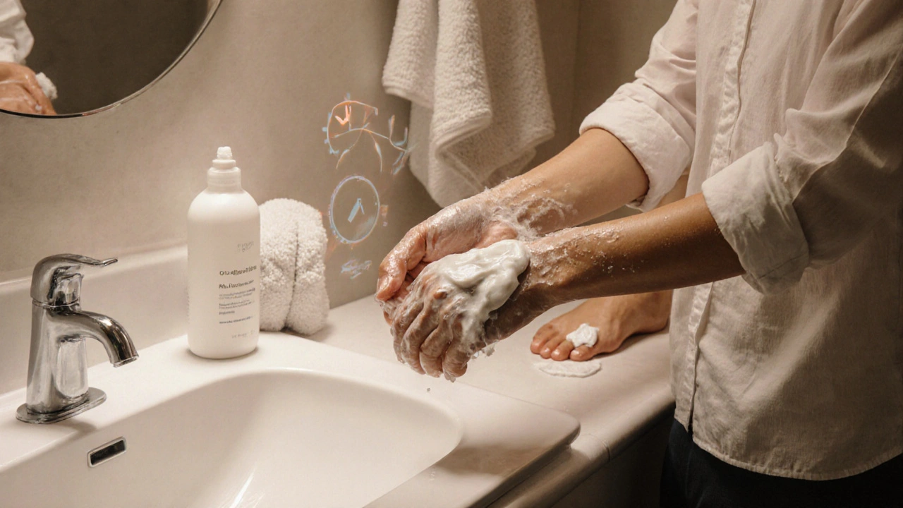 Bathroom scene of gentle washing, pat‑drying, and applying barrier cream to arm and foot.