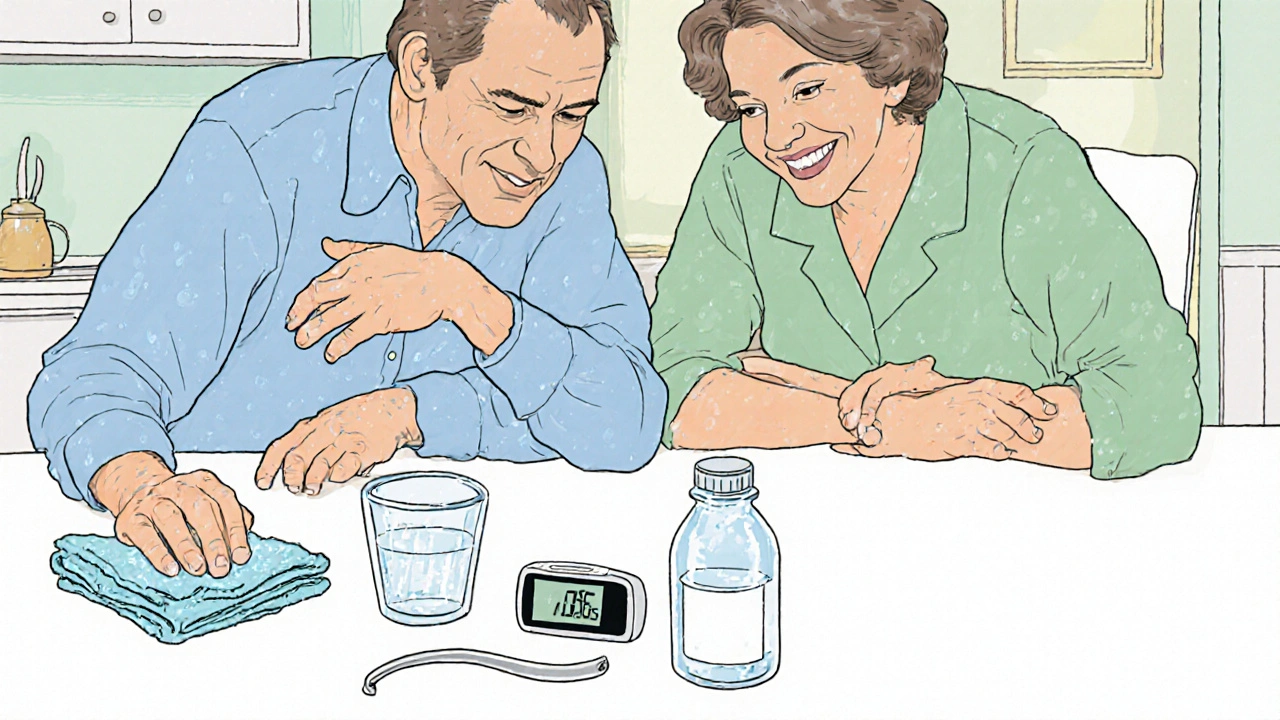 Caregiver and patient reviewing safety items like a cool cloth and thermometer on a table.