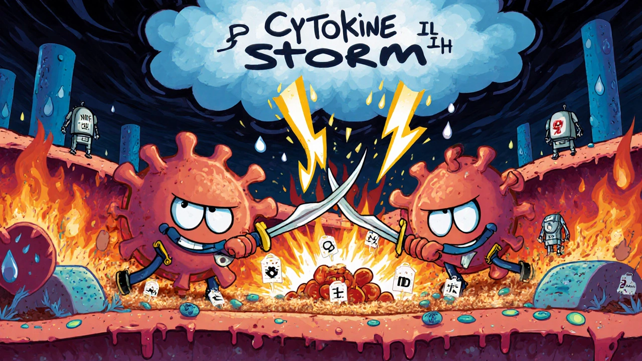 Cartoon battle inside a vessel with neutrophils, cytokine storm clouds, and complement tags.