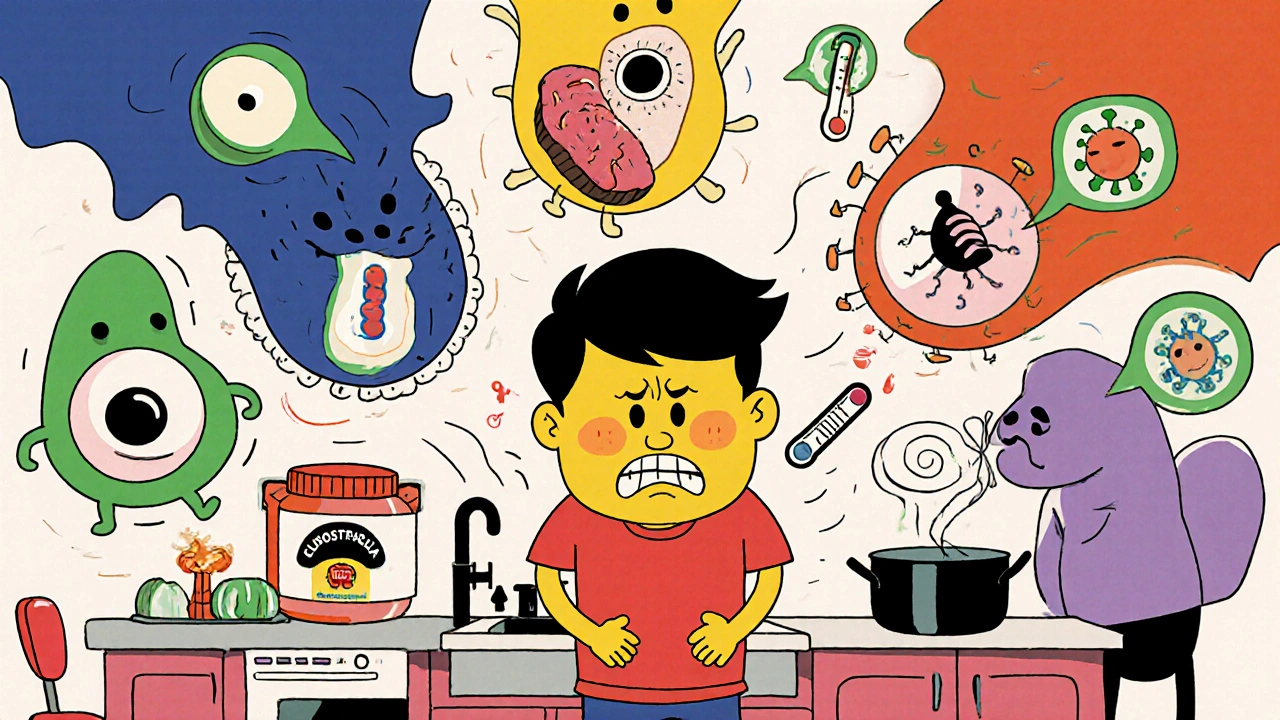 Cartoon germs around a figure with stomach pain, showing symptoms icons.