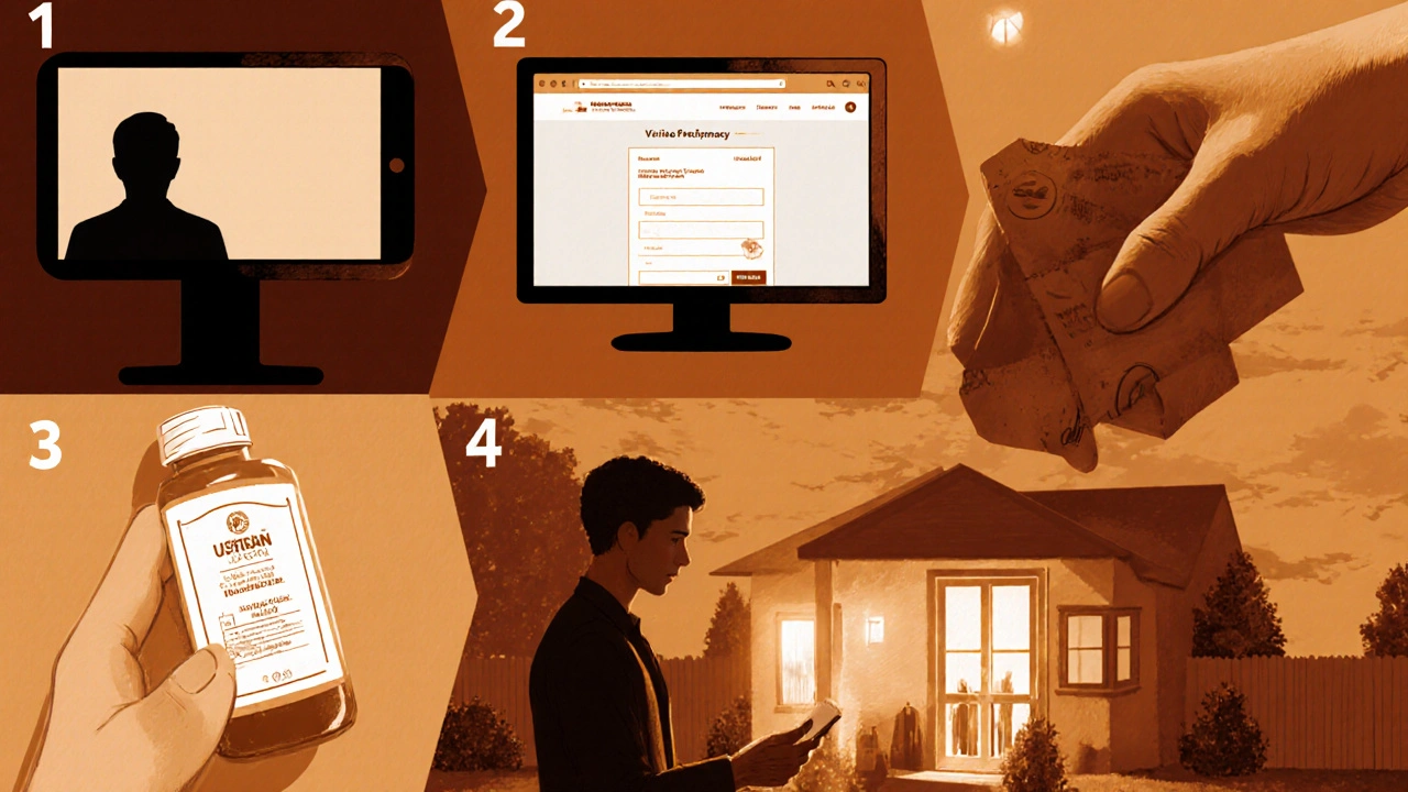 Collage of telehealth call, prescription upload, badge verification, delivery, and bottle inspection.