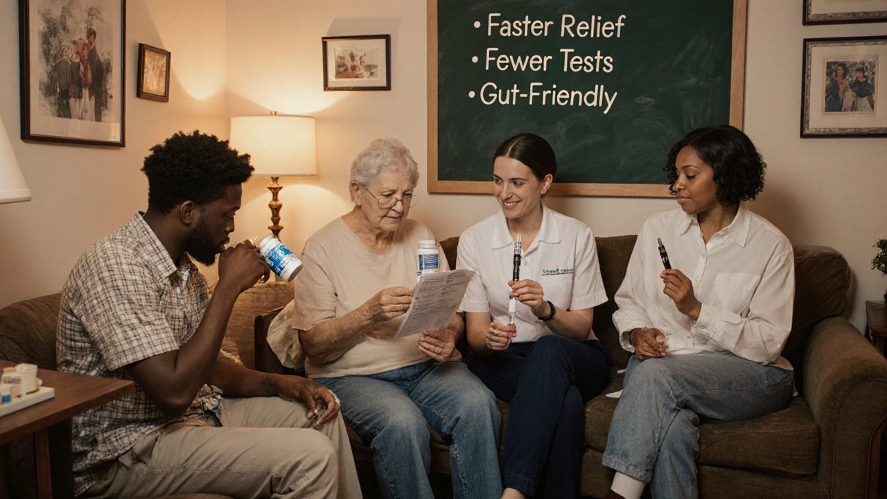 Diverse patients in a clinic waiting room, each with different autoimmune medications, supported by a caring nurse.