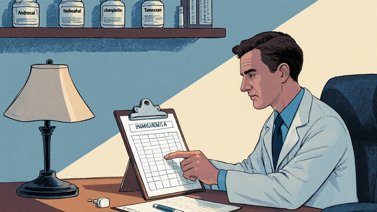 Doctor and male patient discussing testosterone boosters in office.