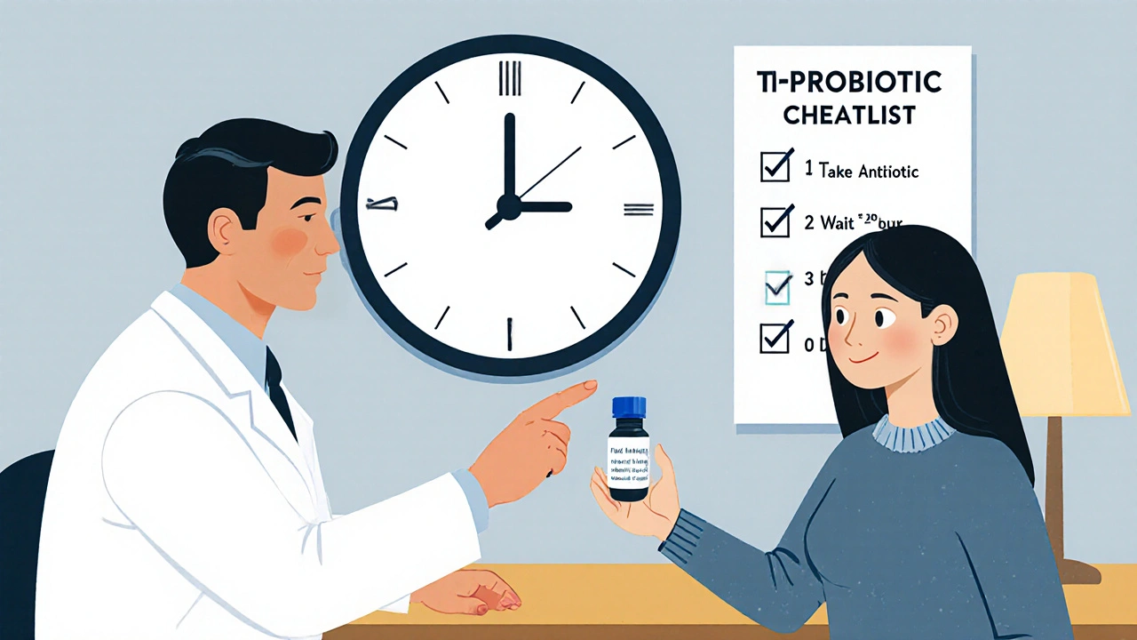 Doctor and patient review a clock schedule showing antibiotic at 8 am and probiotic at 10 am.