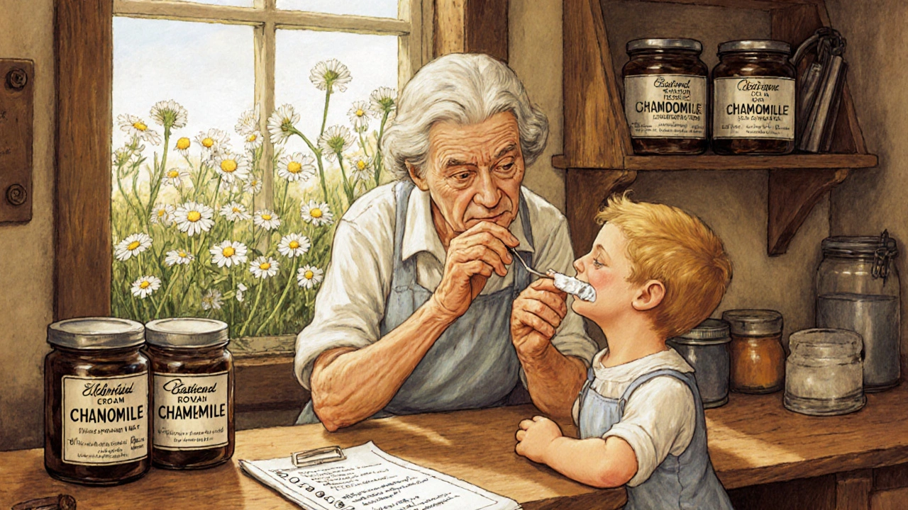 Elderly caregiver applying chamomile cream to child, jars of chamomile extracts on shelf.