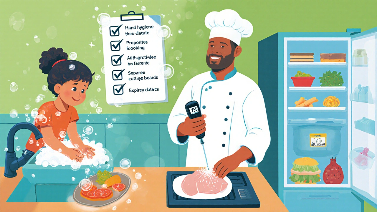 Family kitchen scene illustrating hand washing, cooking temperature, and food storage.