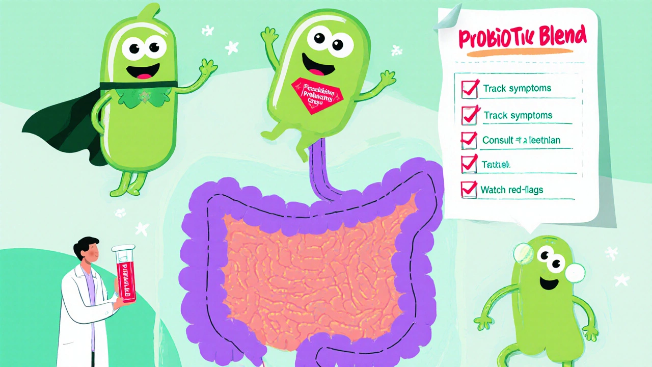 Friendly gut bacteria superheroes with scientist, probiotic bottle, and symptom checklist.