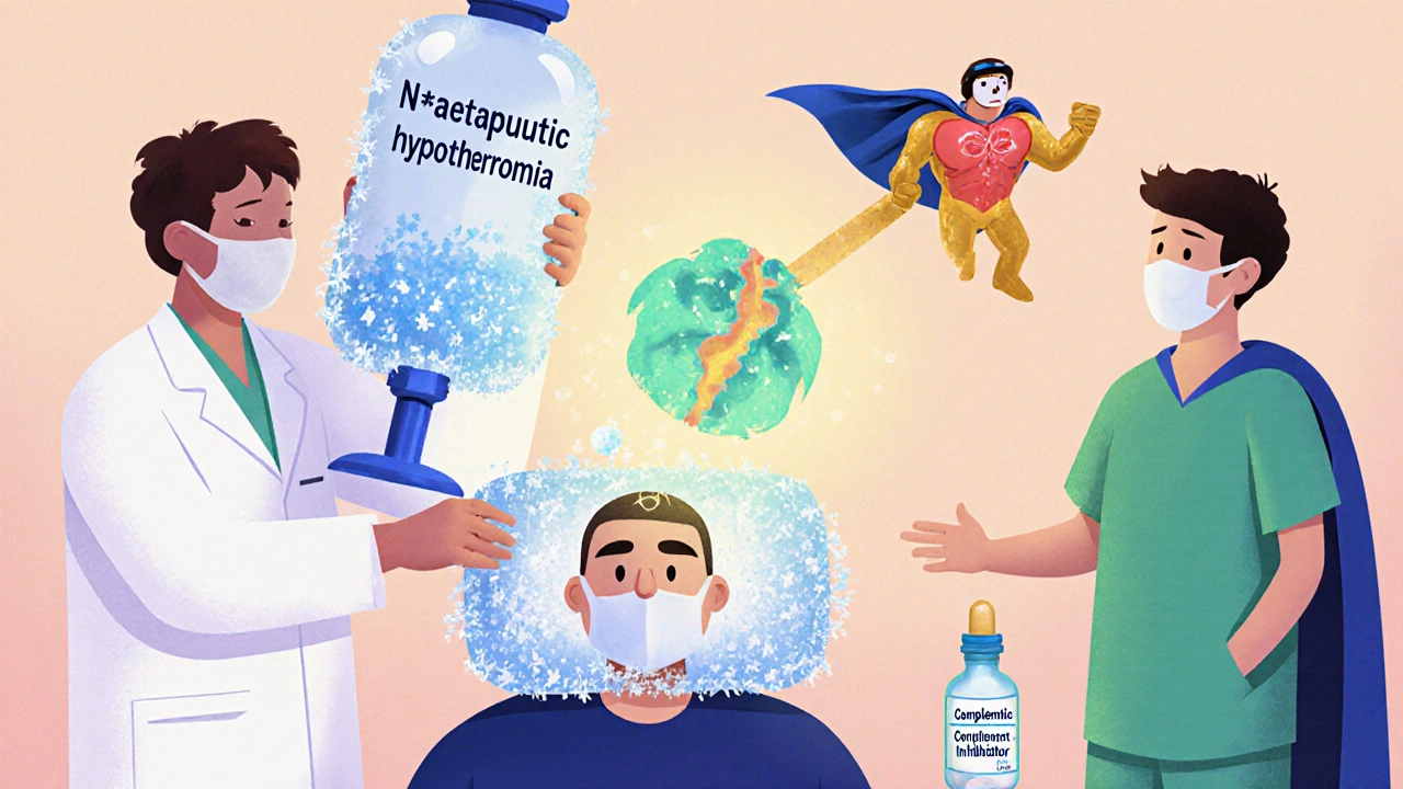 Hospital scene showing doctors using antioxidants, cooling, complement inhibitor, and stem cells.