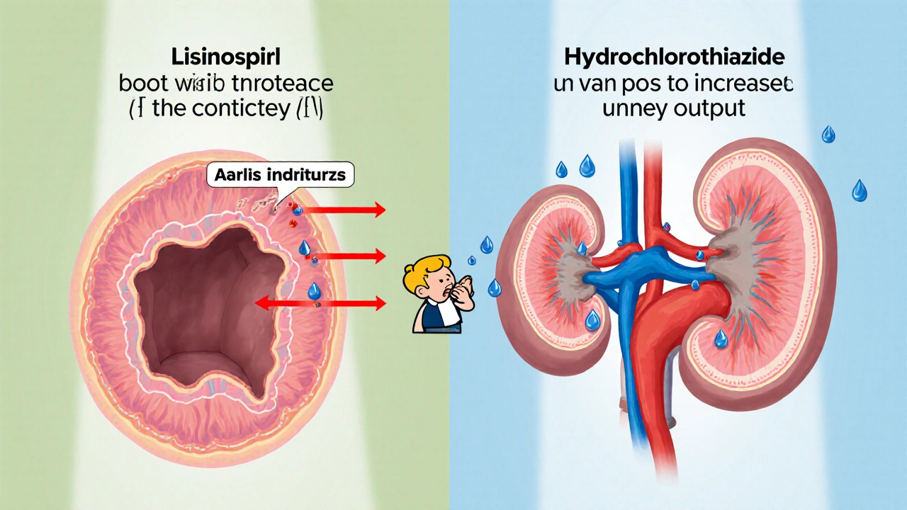 Illustration shows ACE inhibitor widening an artery and diuretic increasing urine output.
