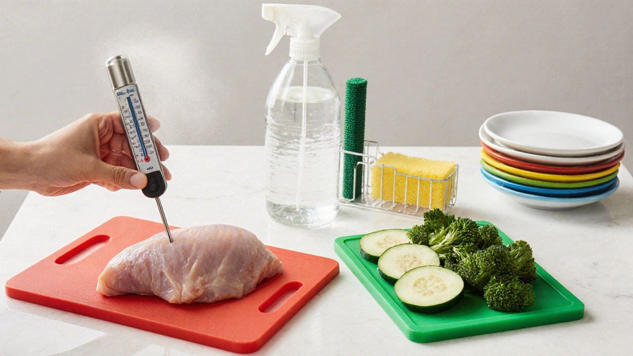 Kitchen countertop showing separate cutting boards, thermometer in chicken, and cleaning supplies.