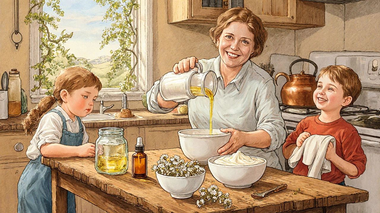 Kitchen table with chamomile oil, hydrosol, cream, and dried flowers, adult pouring oil.