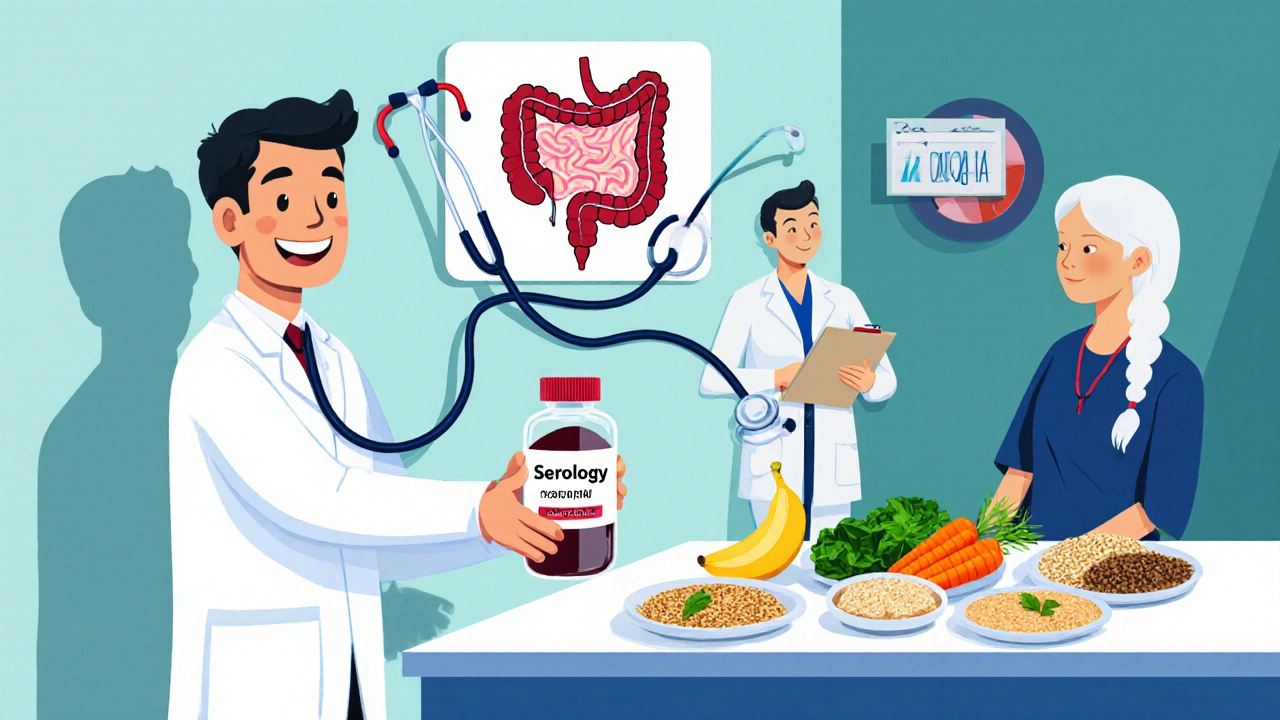 Lab technician showing blood test, endoscope illustration, and dietitian with low‑FODMAP foods.