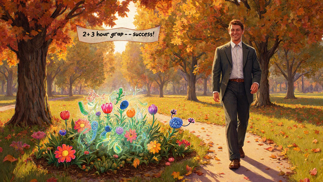 Man walks in a park, gut depicted as a blooming garden with probiotic bacteria celebrating.