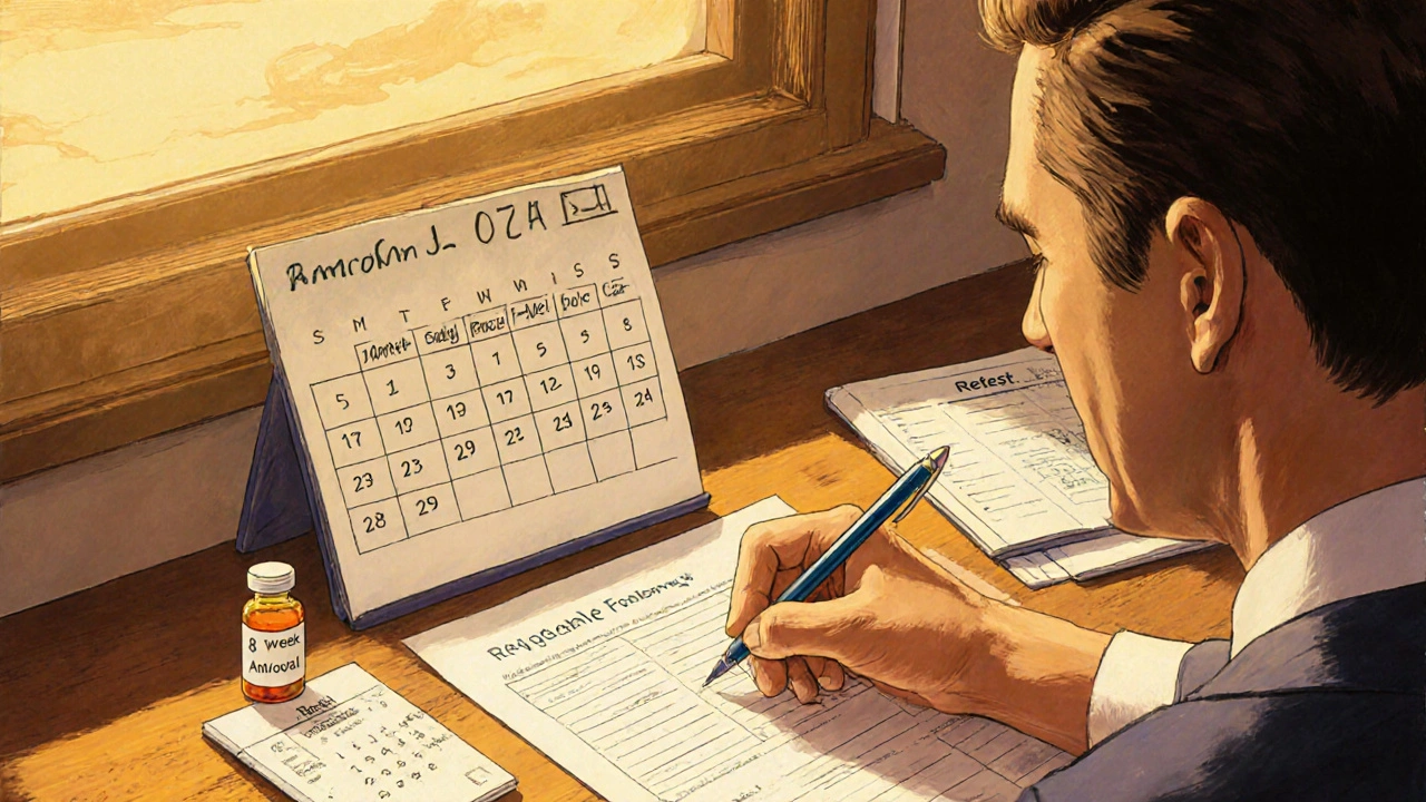 Man writing symptom diary with blood test report and Androxal bottle.