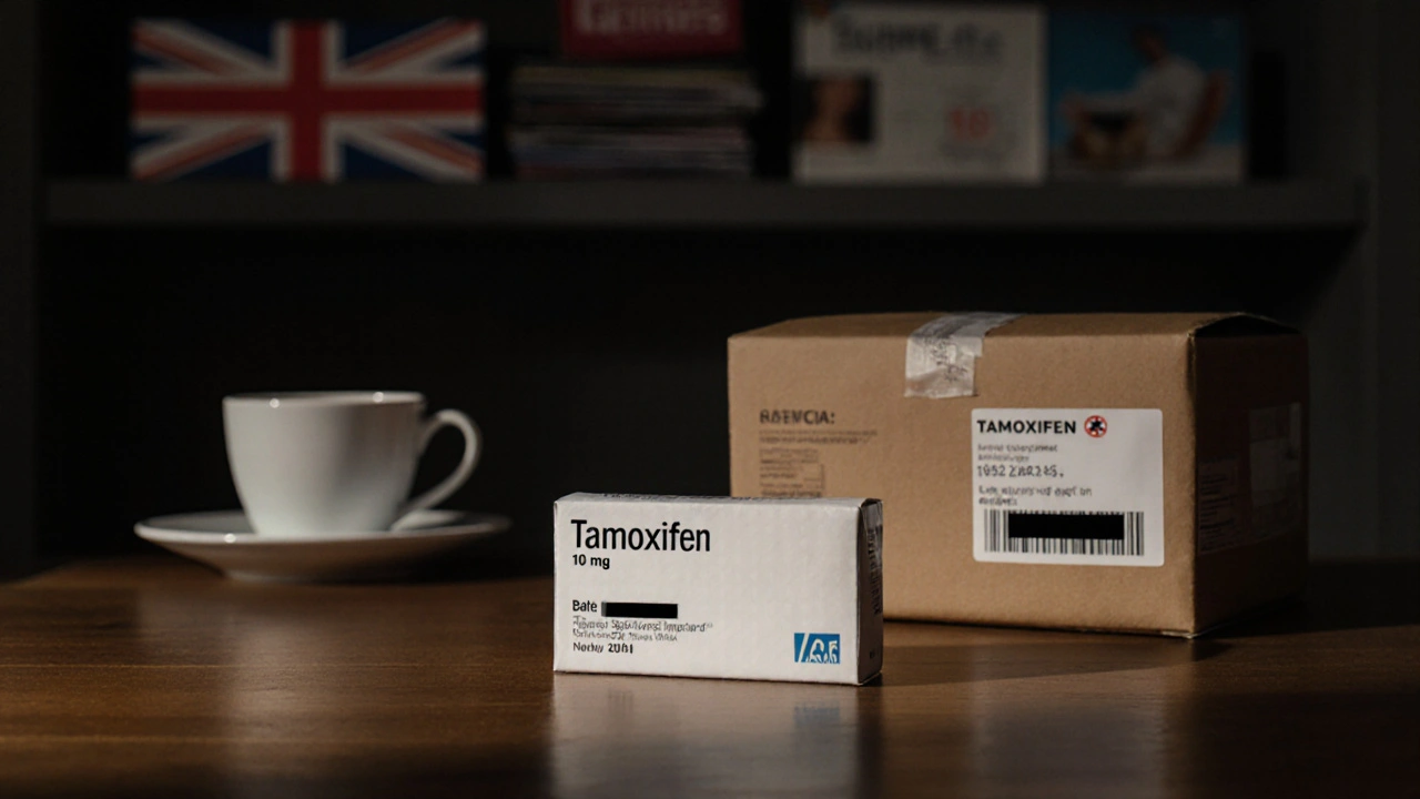 Medication box and delivery parcel on table with batch number visible, under dramatic lighting.
