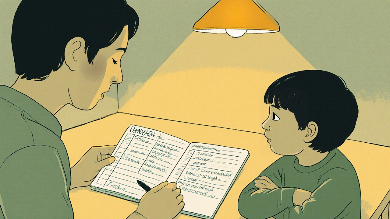 Parent and child reviewing a behavior log at a kitchen table under warm lighting.