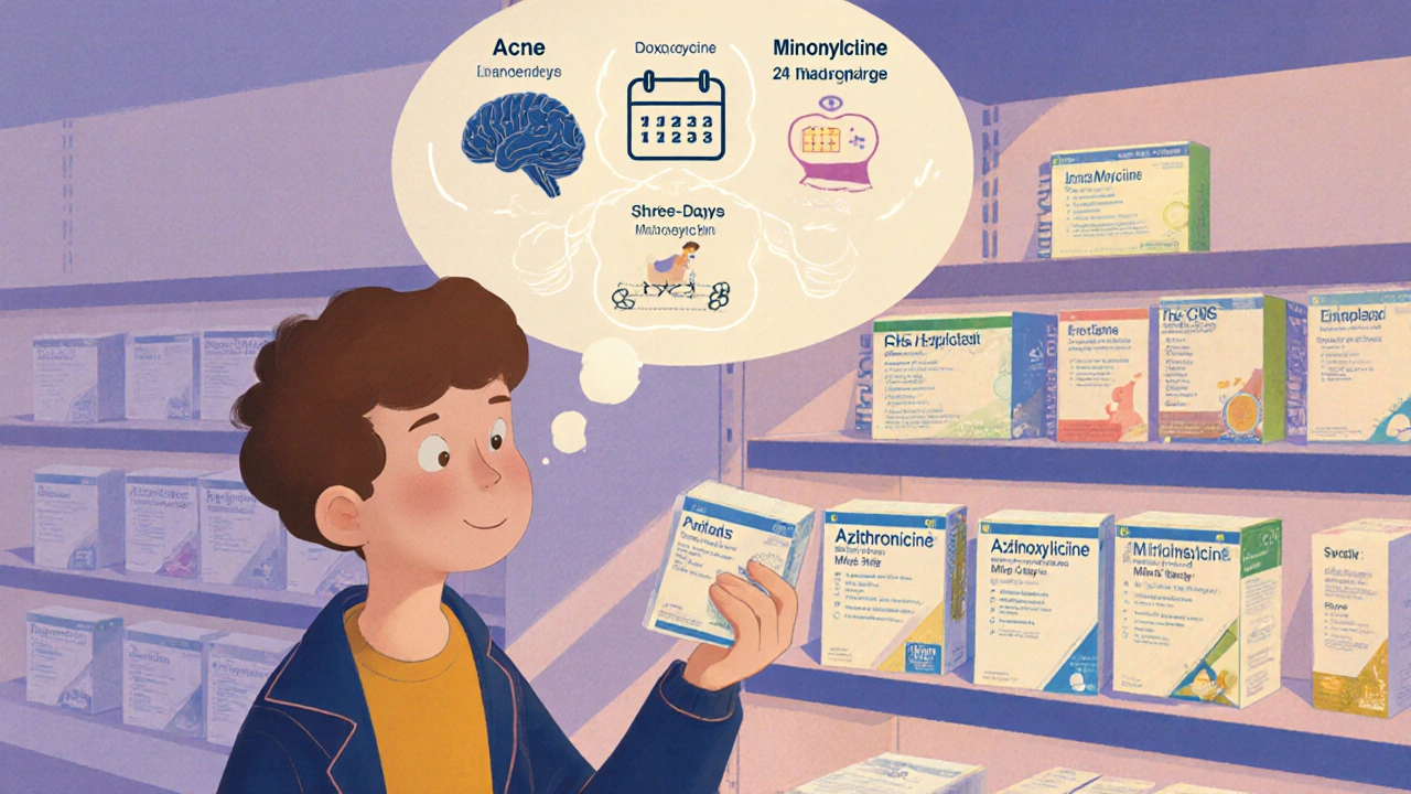Patient in pharmacy aisle weighing doxycycline against other antibiotic options.