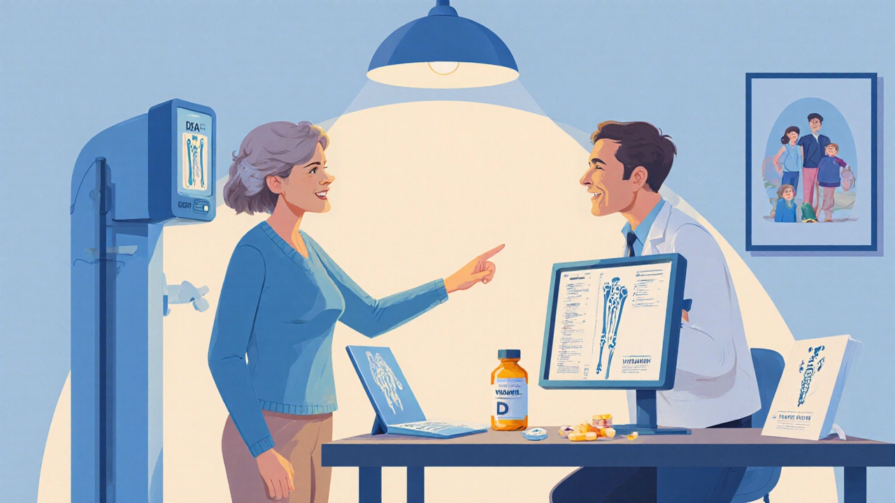 Patient standing by a bone density scanner as doctor discusses supplements.