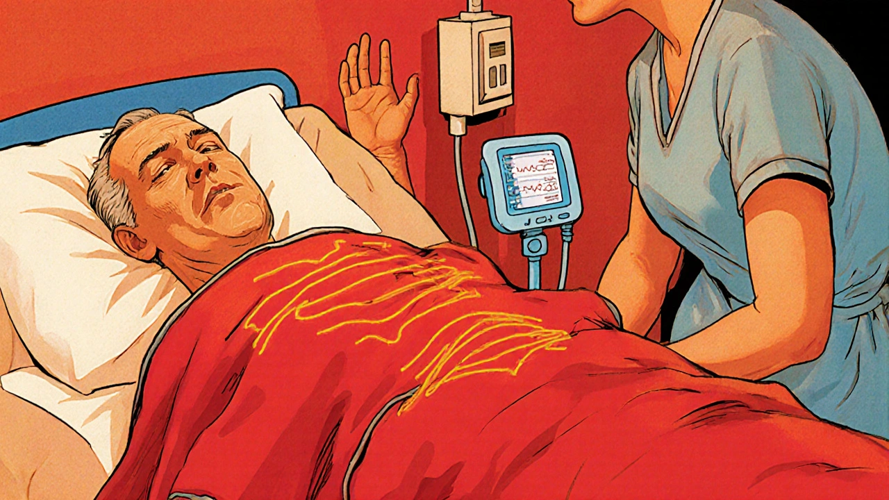 Patient under a heating blanket showing shallow breathing, with a worried nurse.