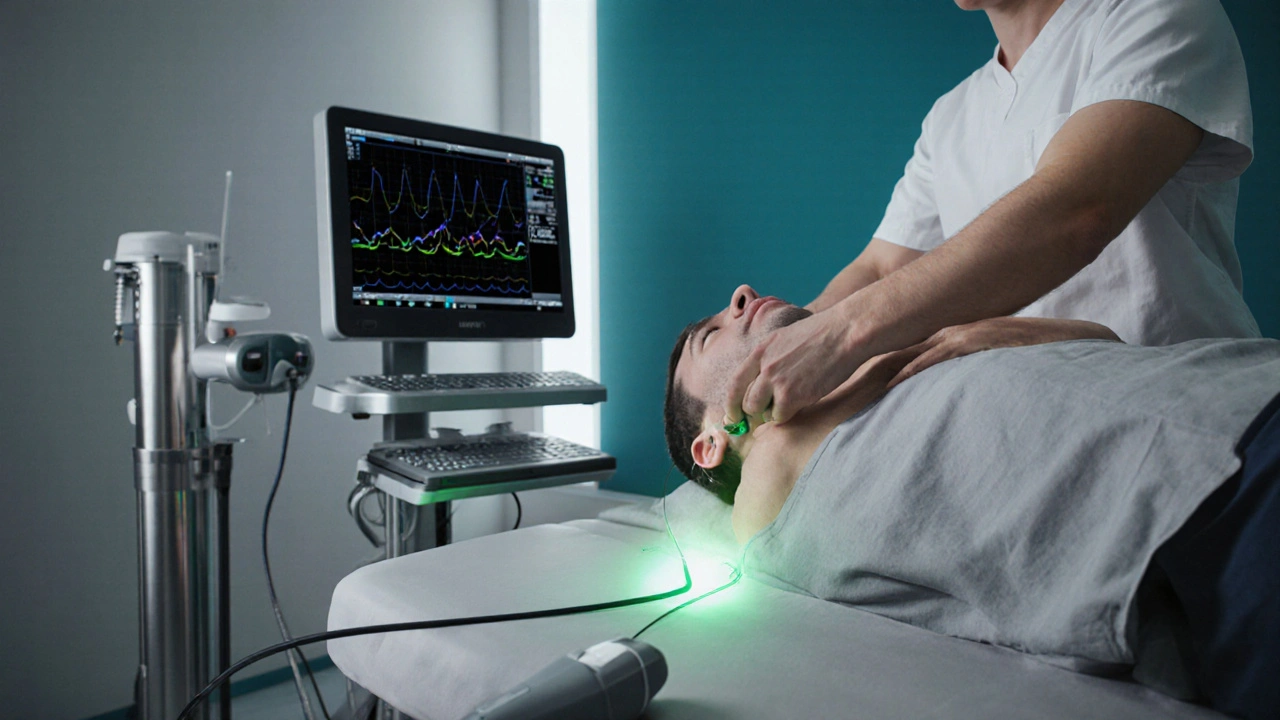 Patient undergoing urodynamic testing with catheter and ultrasound probe in a modern clinic setting.
