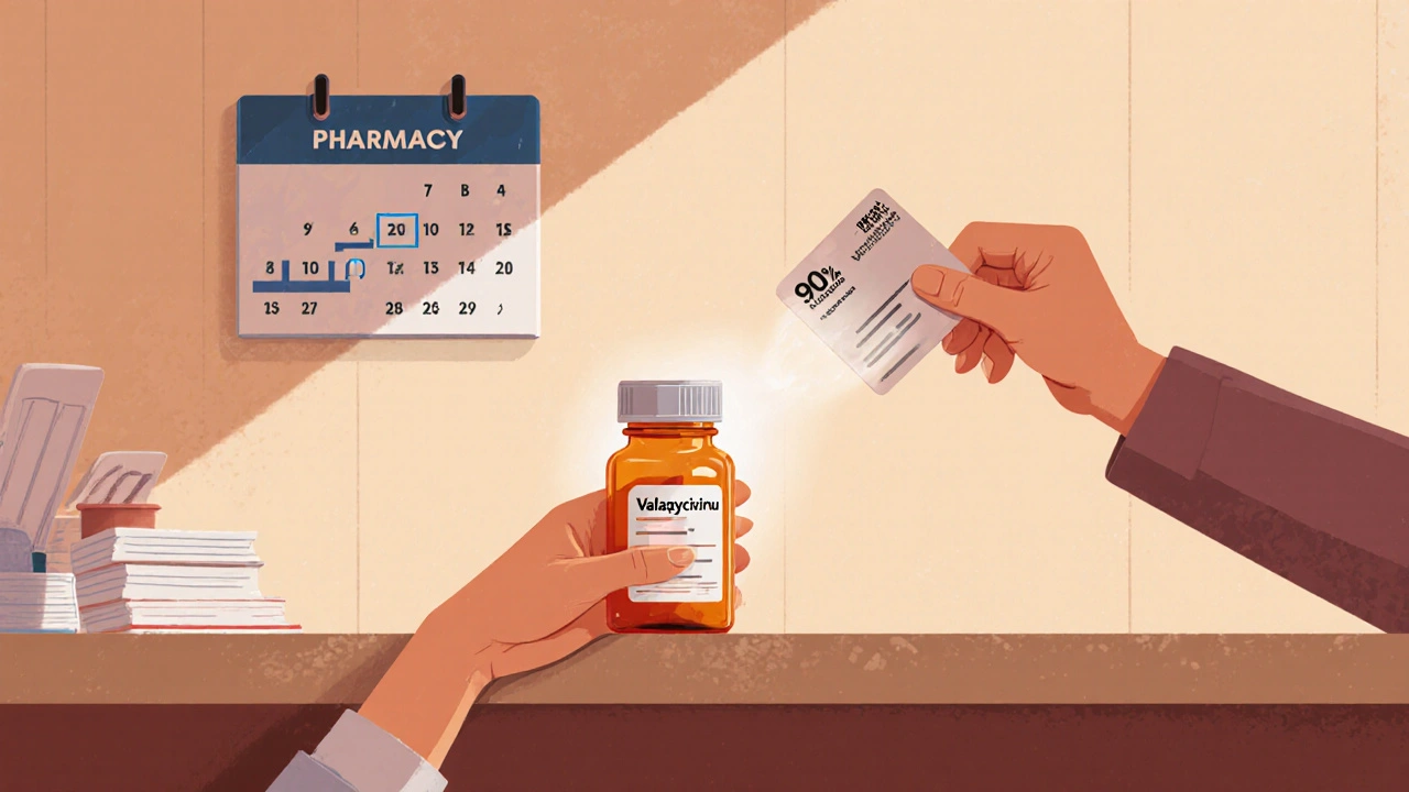 Patient with a prescription bottle, discount card, and calendar indicating a 90‑day supply.