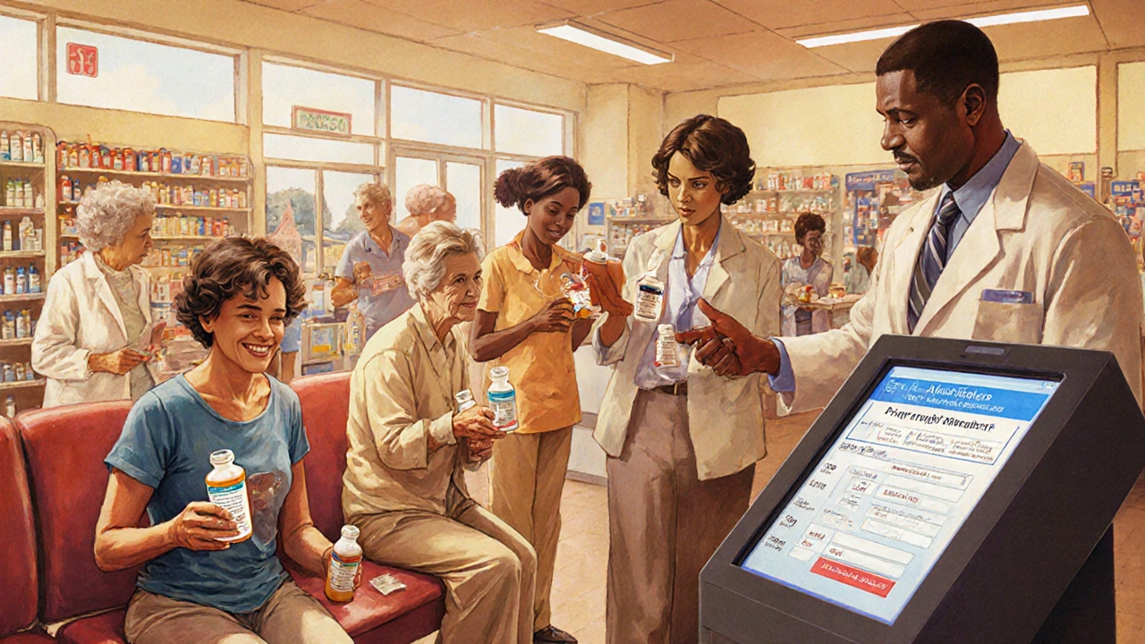Patients in a pharmacy waiting area reacting to coverage information on a digital kiosk.