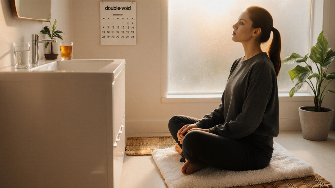 Person doing relaxed pelvic‑floor breathing exercises in a warm sunrise bathroom with water and tea nearby.
