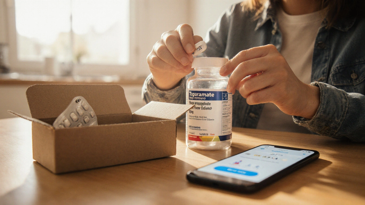 Person opening a package, checking generic topiramate pills at home with phone nearby.