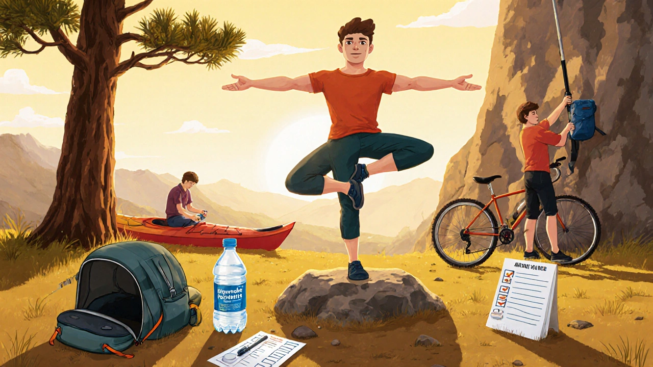 Person practicing yoga balance on a campsite, surrounded by water bottle, medication pouch.