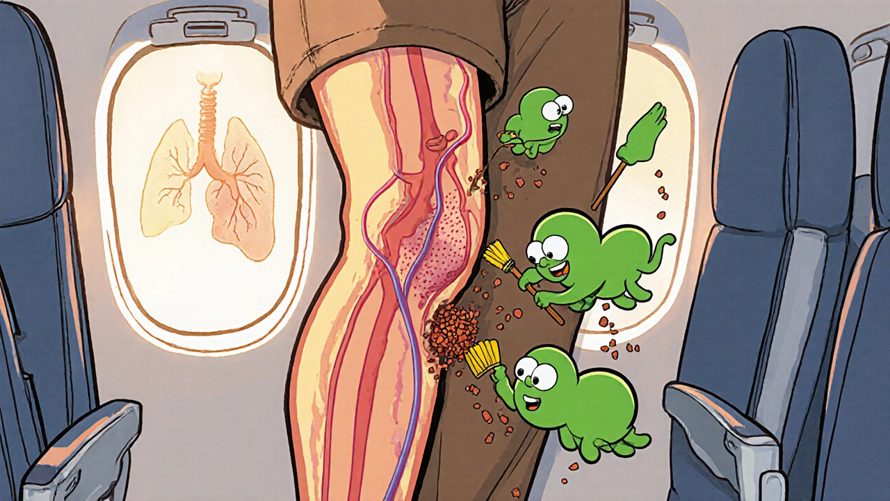 Plasmin enzymes breaking down a blood clot as a person moves after travel.