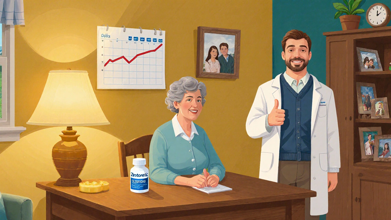 Sarah reviews her blood pressure at home with a Zestoretic bottle and supportive doctor.