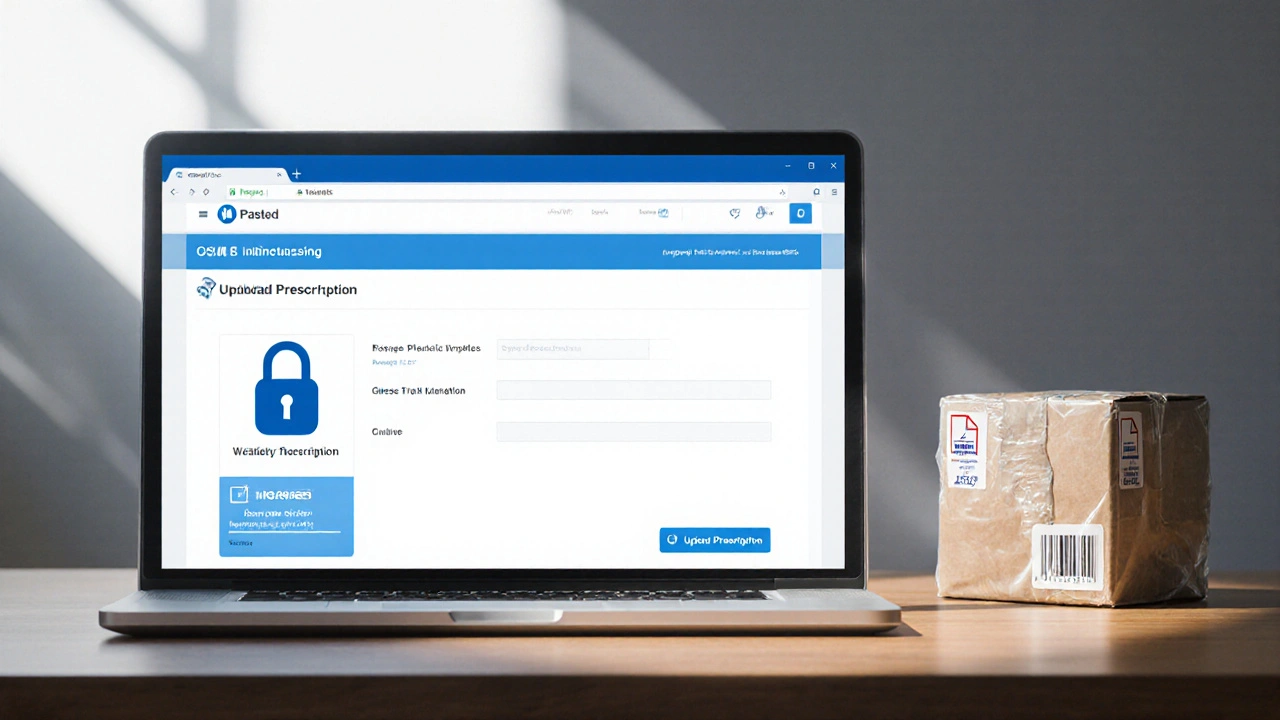 Secure online pharmacy website on a laptop with prescription upload and delivery box.