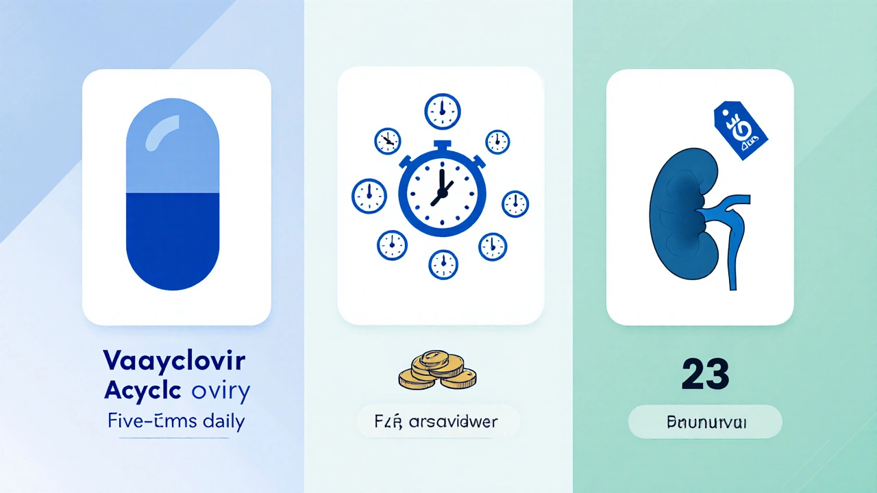 Side‑by‑side view of three antivirals with dosing icons, price symbols, and a kidney illustration.
