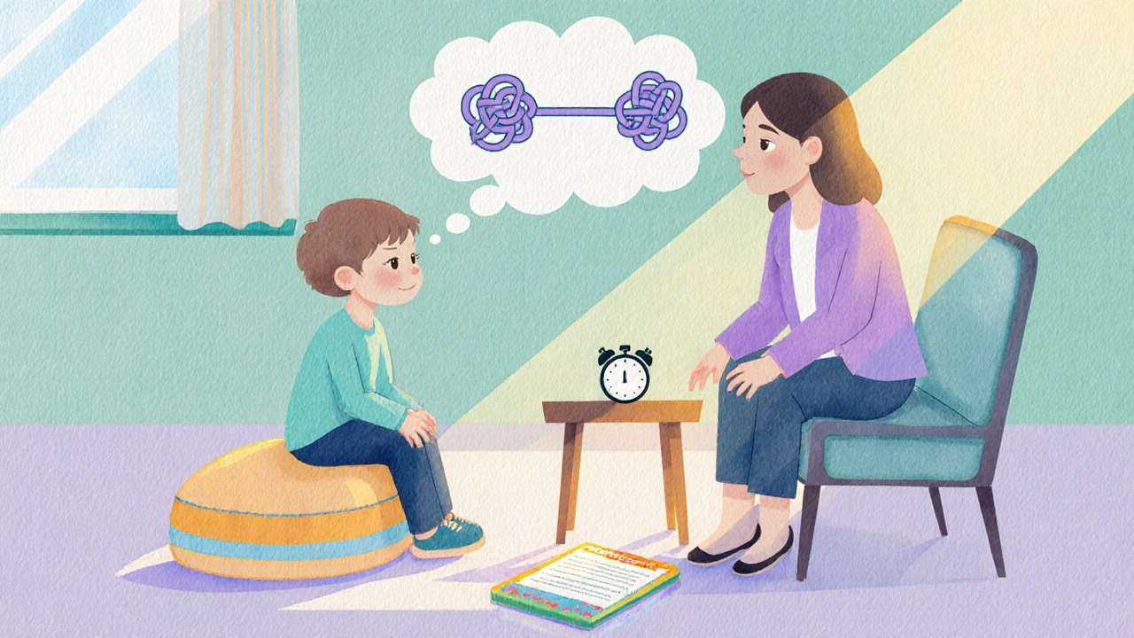 Therapist and child in a bright office using CBT tools during a counseling session.