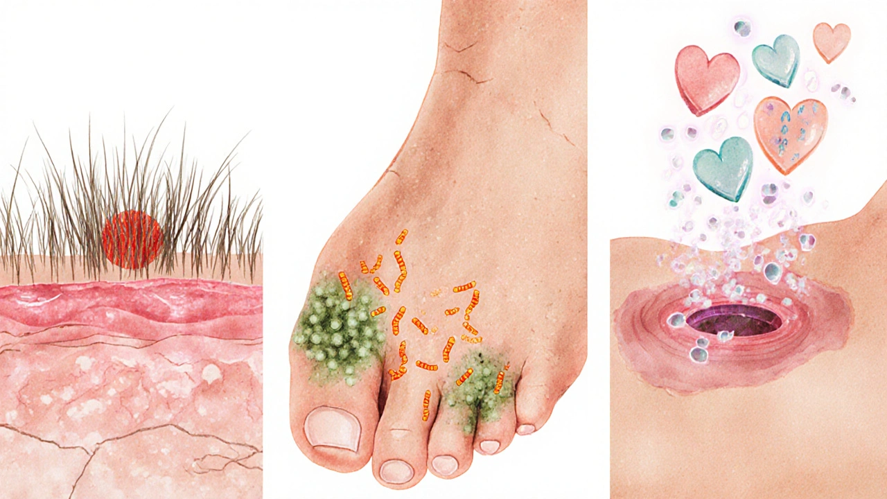 Three panels: bacteria entering follicle, fungus on cracked foot skin, and diabetic foot ulcer with microbes spreading.