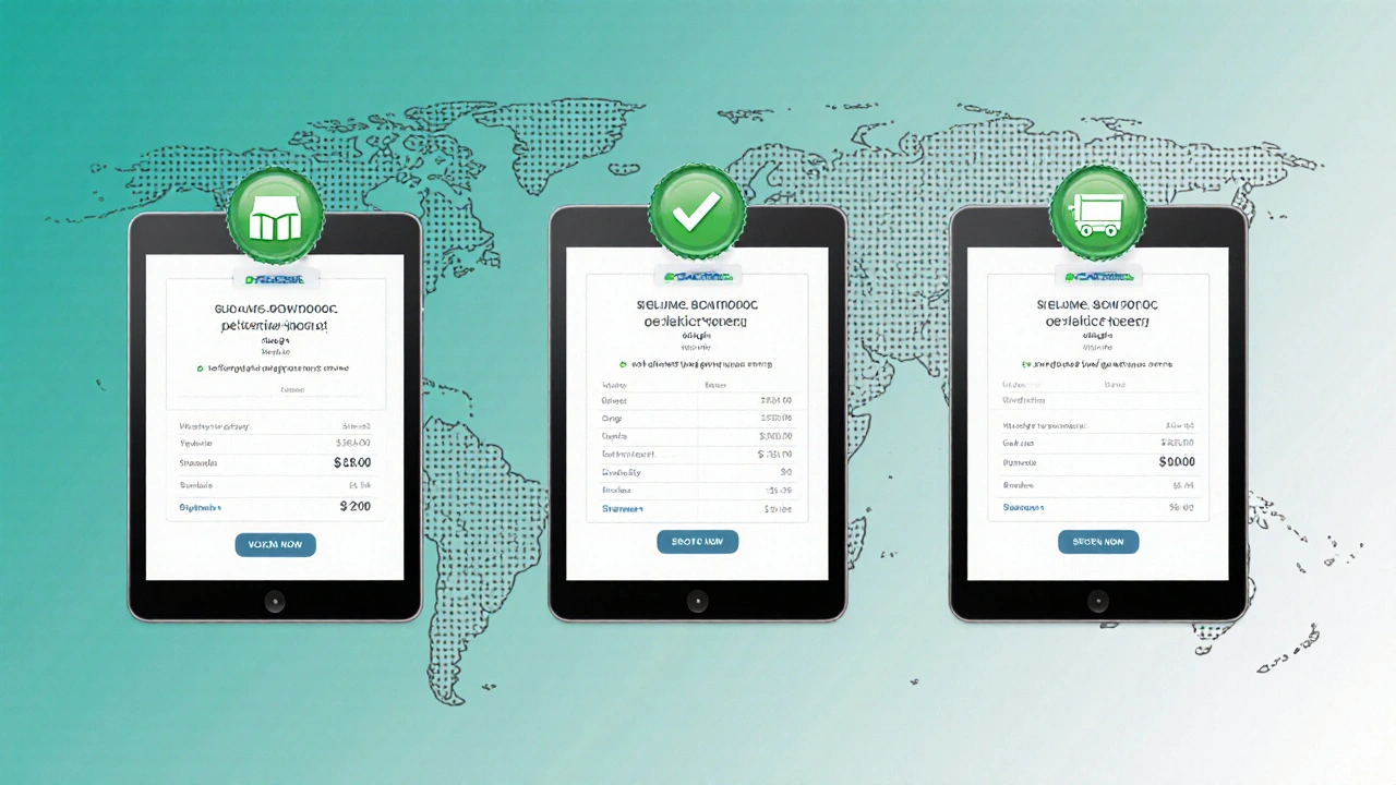 Three tablets showing price comparisons and verification badges for generic Provera.