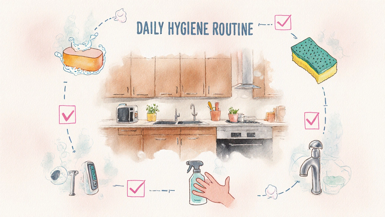 Watercolor checklist of hygiene tools like soap, thermometer, sponge, and disinfectant around a kitchen scene.