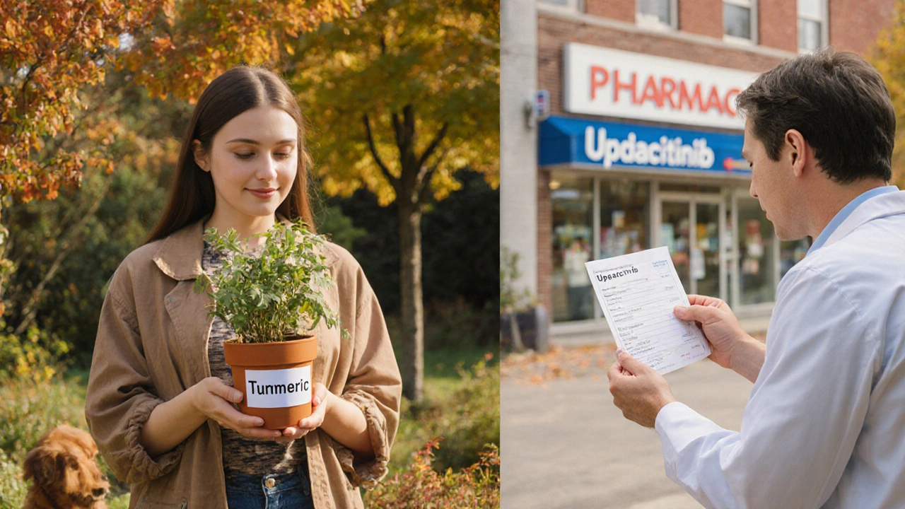 Woman in garden holding turmeric plant as doctor hands her a JAK inhibitor prescription, blending natural and medical care.
