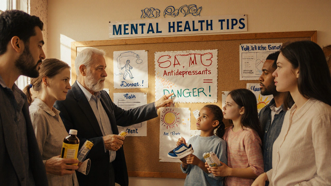 A community group gathers around a warning sign about SAMe and antidepressants, with healthier alternatives visible.