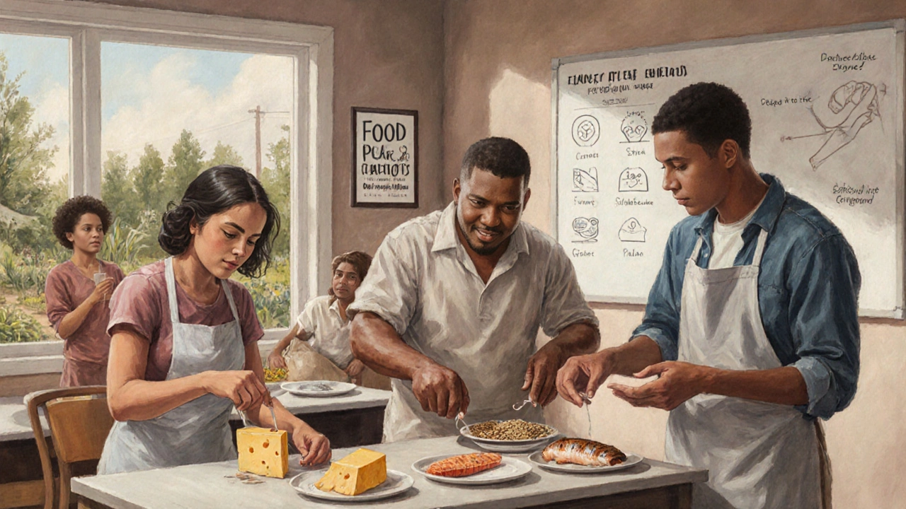 A diverse group learning portion control with hand measurements in a community kitchen, surrounded by healthy food visuals.