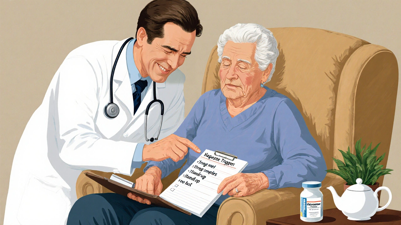 A doctor and patient reviewing nausea triggers together, with opioid medication set aside on a side table.