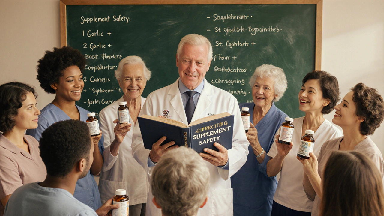 A doctor and patients gather around a book about supplement safety, each holding their own bottles.