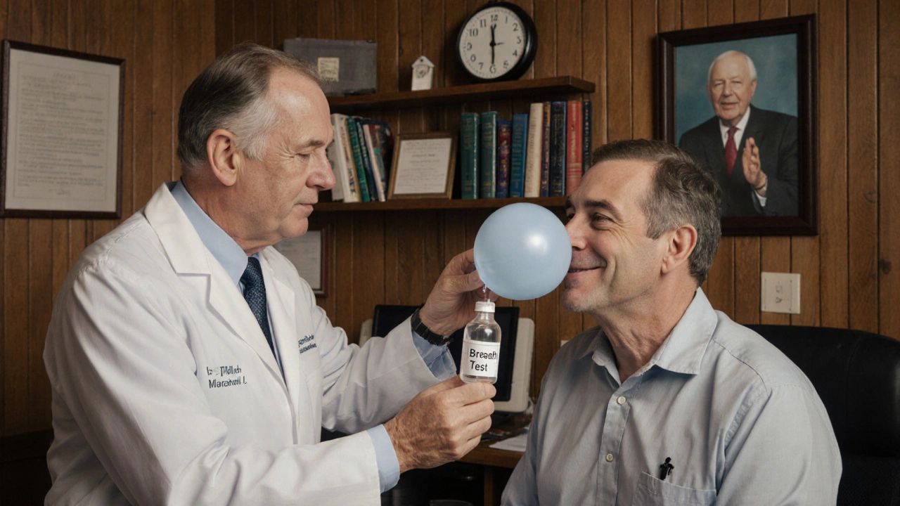 A doctor performs a breath test for H. pylori in a cozy clinic.