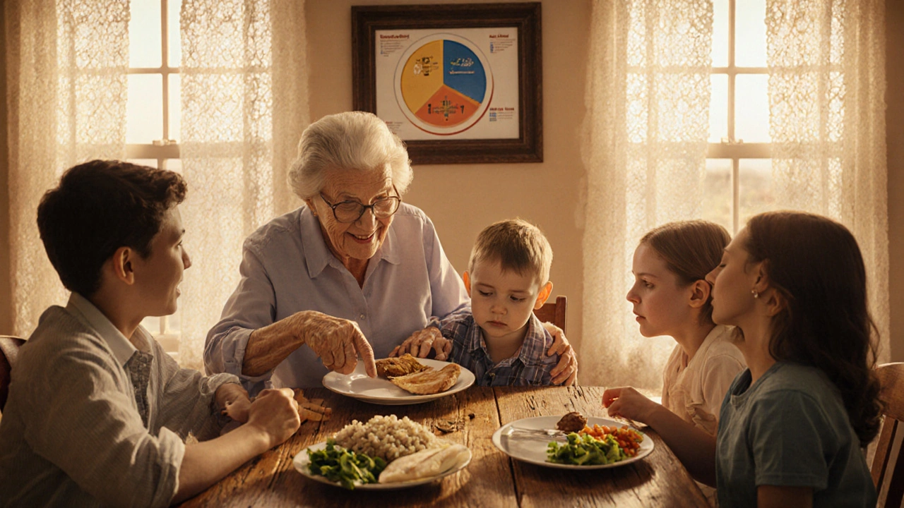 A grandmother teaching her grandson to build a diabetes-friendly plate using the 3-part method during family dinner.